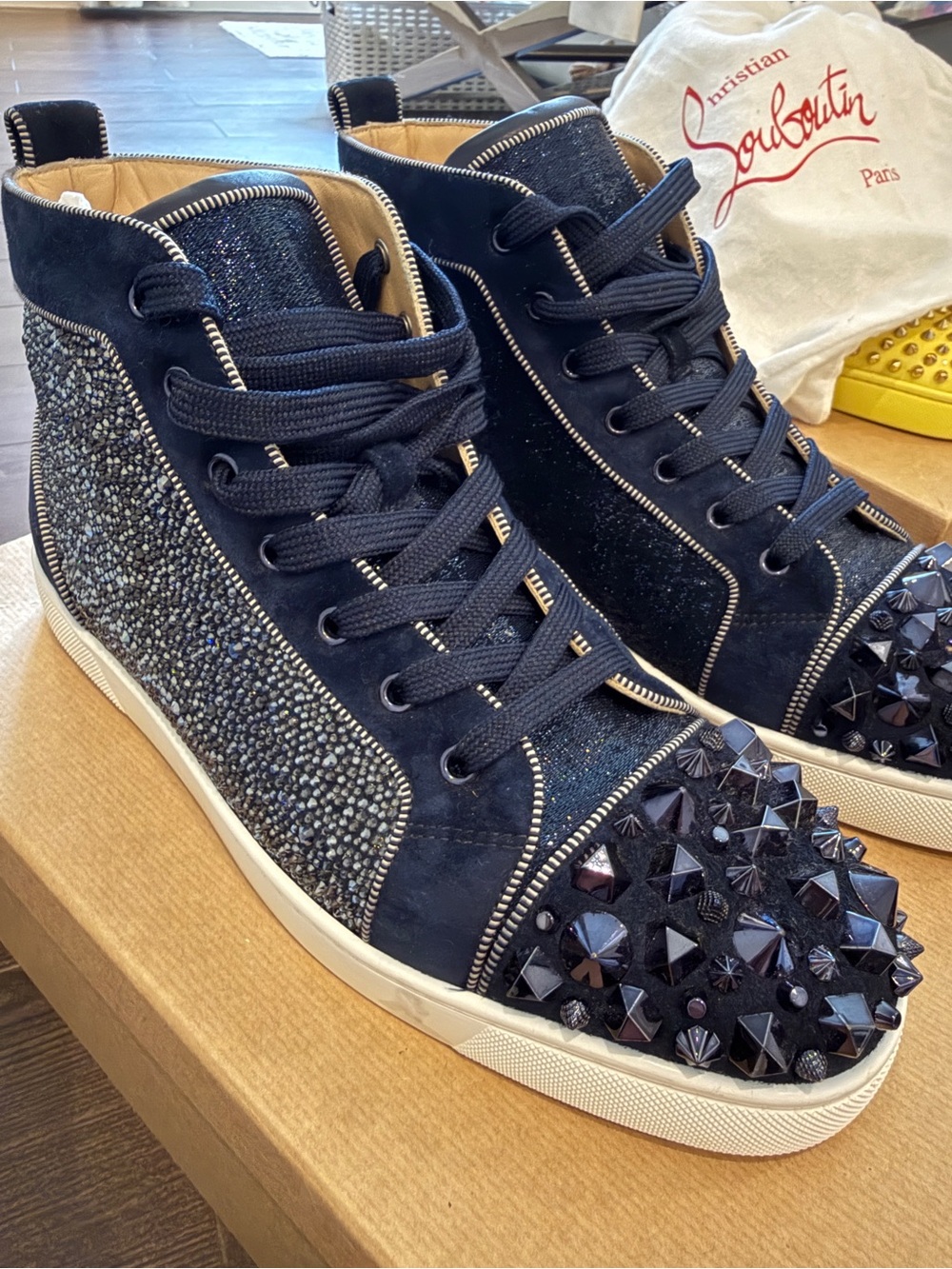 Christian Louboutin Navy and Black Crystal-Studded High-Top Sneakers